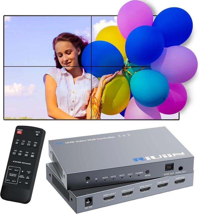 RIUIIN 4K 30HZ 2x2 Video Wall Controller, HDMI Input with 12 Modes, 180° Rotation, Edge Masking, Audio, IR Remote and 2x2,1x2,1x3,1x4,2x1,3x1,4x1 Modes, 4 tv Screens into 1 Wall Display - Image 1